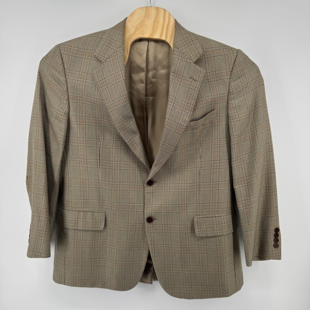 Brooks Brothers Mens Silk Wool Glen Check Blazer Sport Coat Tan Brown Blue 42 SH